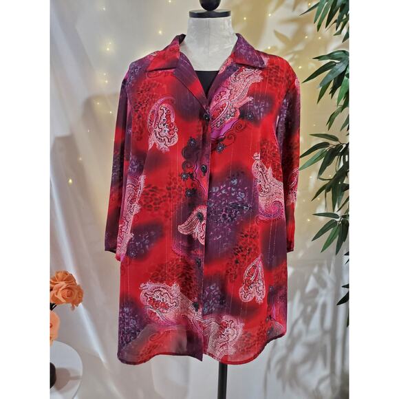 Maggie Barnes Vtg Sheer Paisley Sparkle Stripe Blouse Womens Plus Size 20W Red - Picture 1 of 10